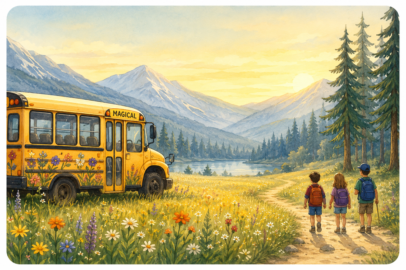 Watercolor illustration of the Magical Unschool Bus parked in a wildflower meadow with mountains and children walking toward adventure