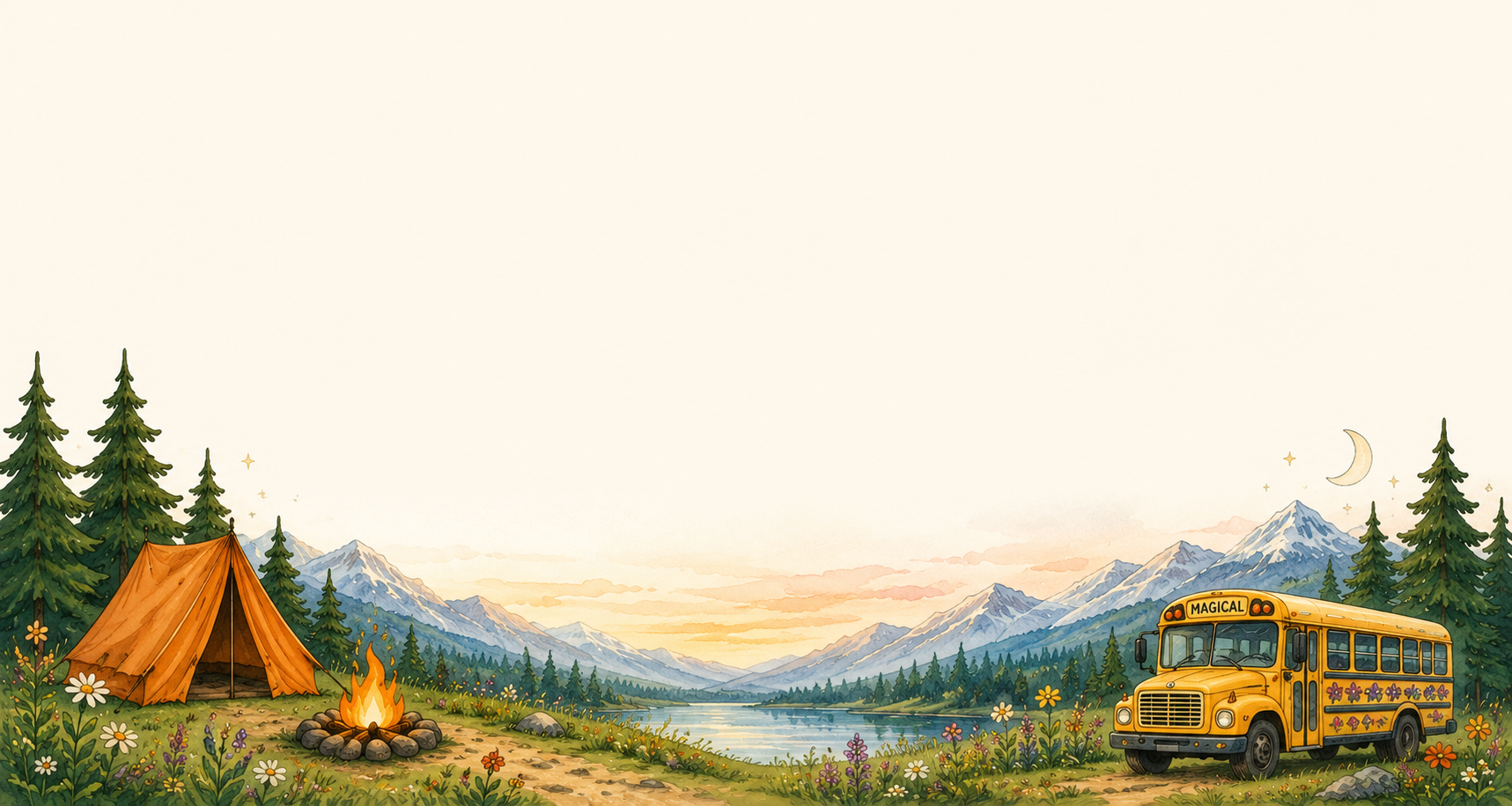 Watercolor landscape: tent, campfire, mountains, lake, and the Magical Unschool Bus at twilight