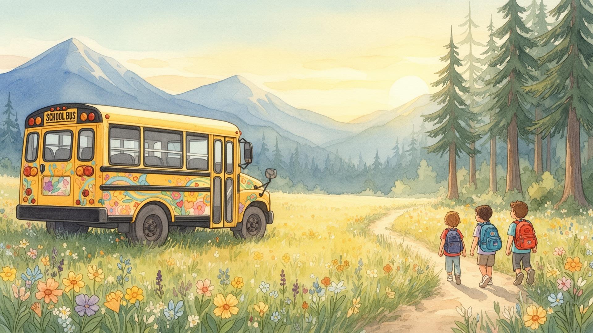 Hand-painted yellow school bus parked in a wildflower meadow with children and mountains